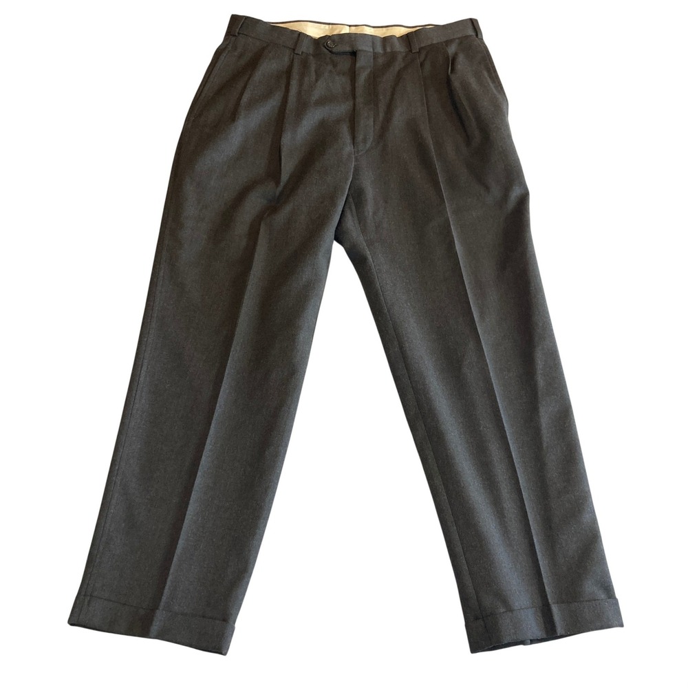 Hart Schaffner Marx Men 36x29.5 Pure Virgin Wool Pleated Cuffed Pants Charcoal